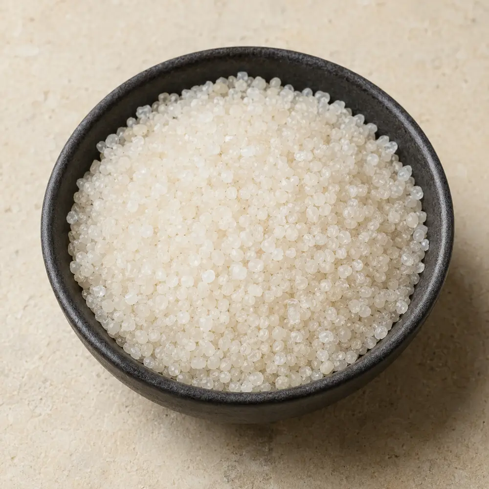 Small steam-cooked Ceylon Nylon Sago in a dark ceramic bowl